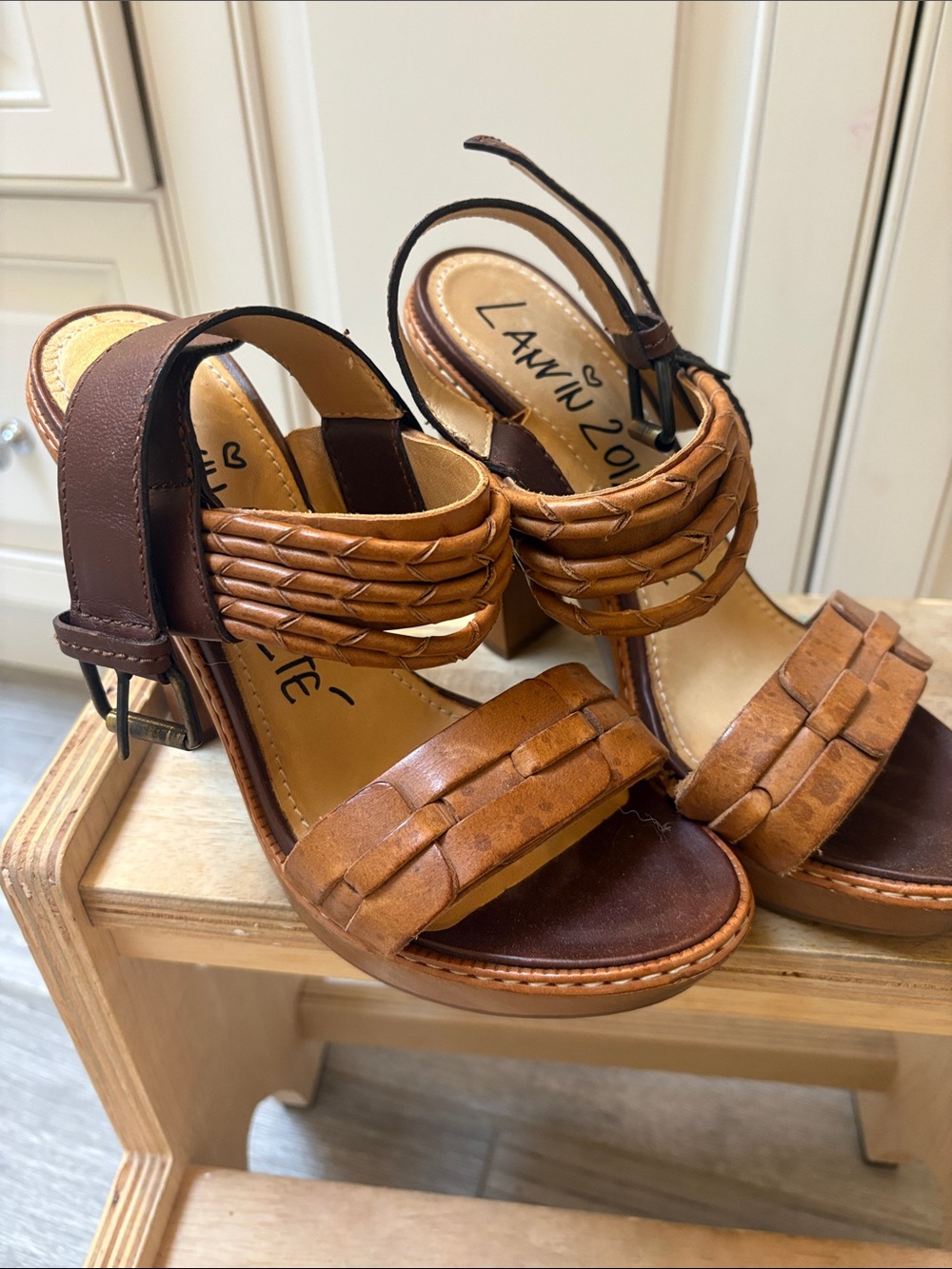 Lanvin Tan Brown Woven Leather Block Heels